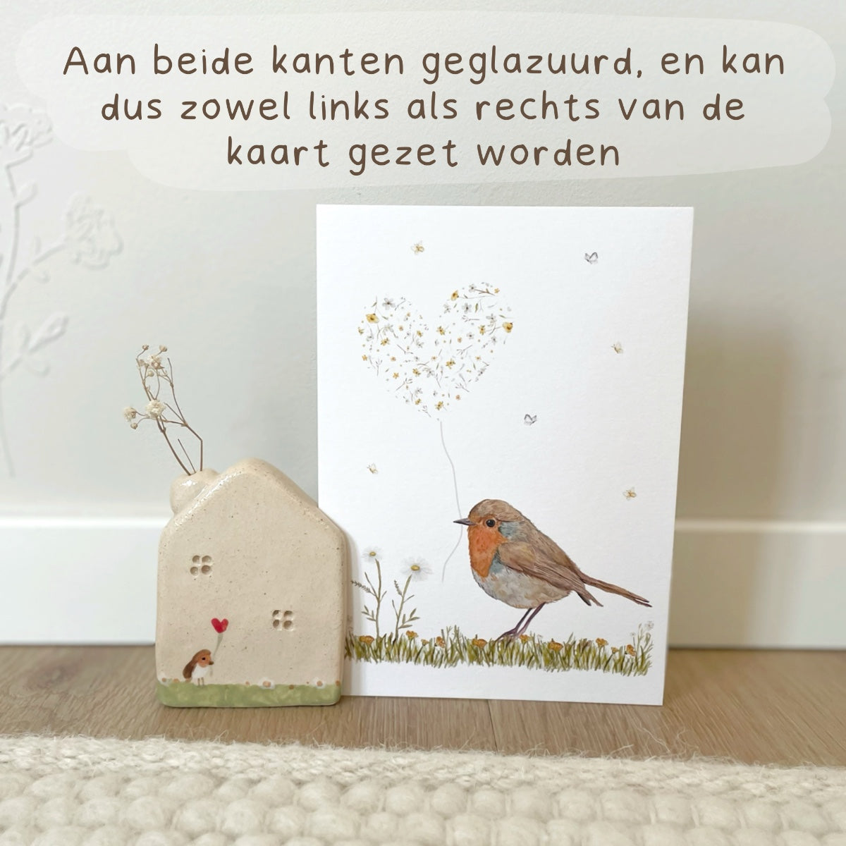 Keramieken kaartenhouder - huisje roodborstje
