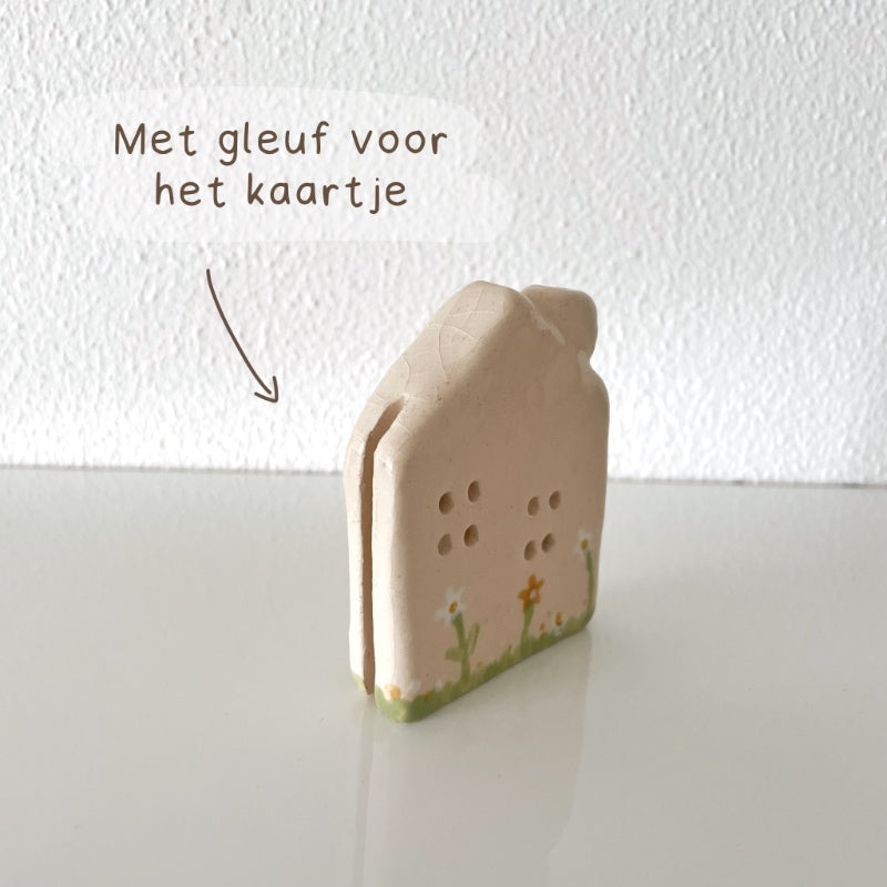Keramieken kaartenhouder - huisje bloemen
