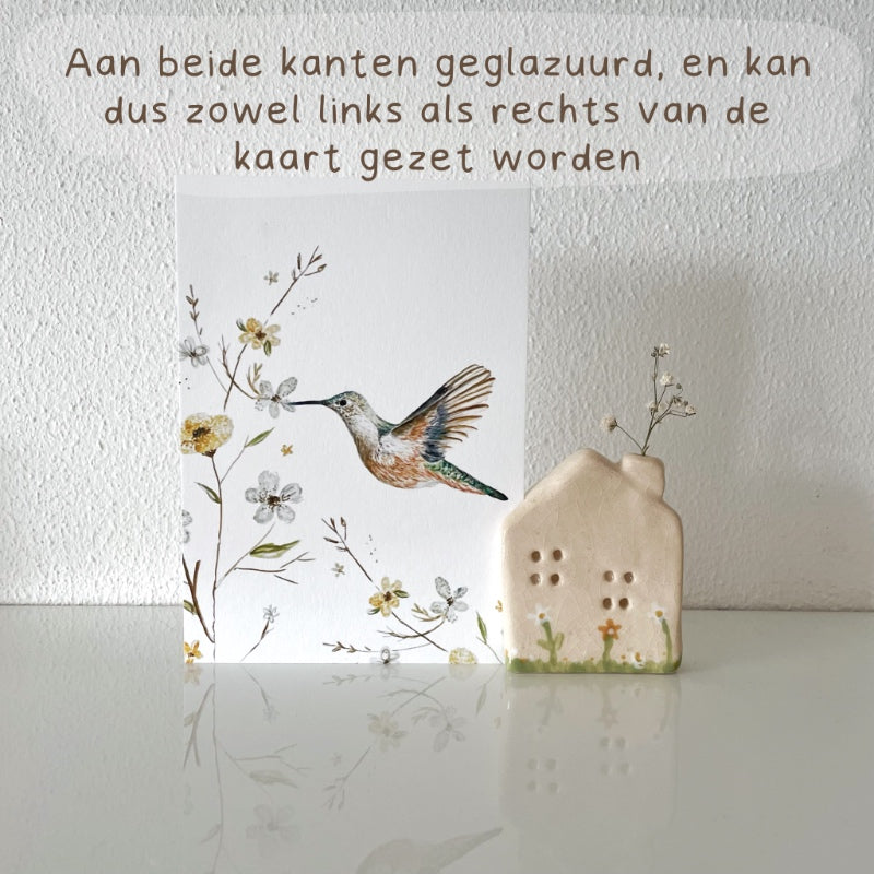 Keramieken kaartenhouder - huisje bloemen