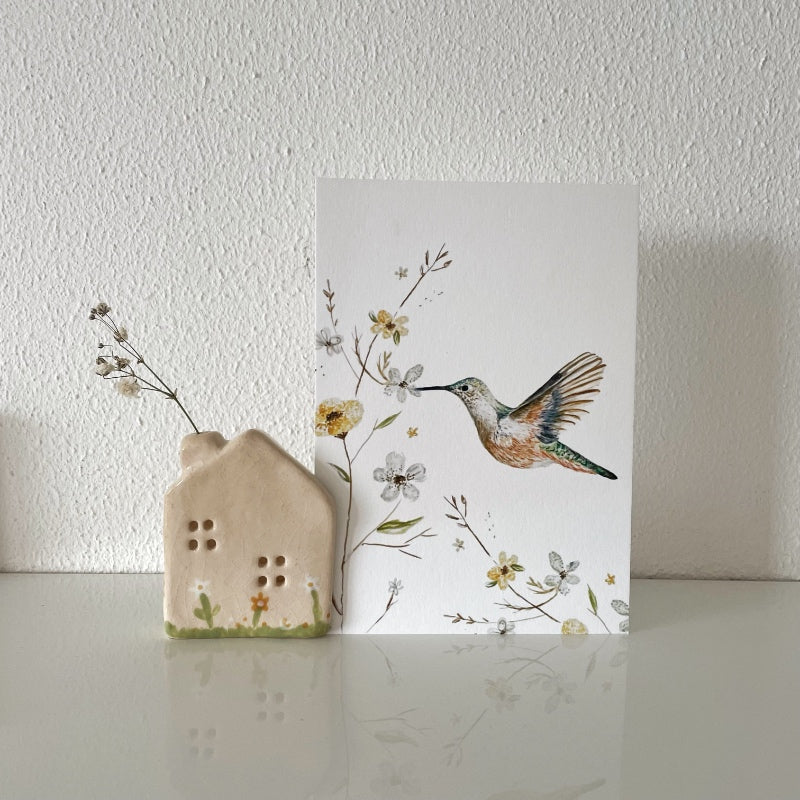 Keramieken kaartenhouder - huisje bloemen