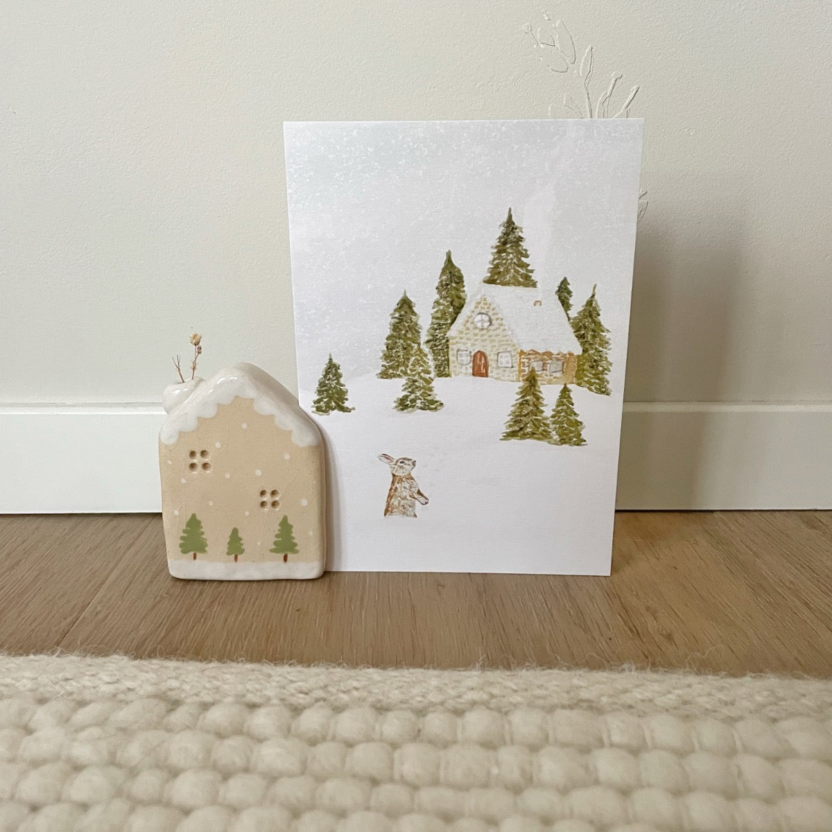 Keramieken kaartenhouder - huisje winter